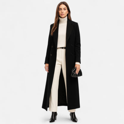 Women's Black Maxi Overcoat with Sharp Cut for All Seasons