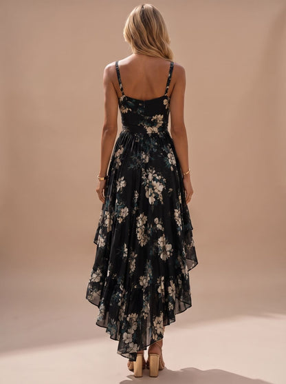 Women's Boho Black Floral High-Low Maxi Sundress