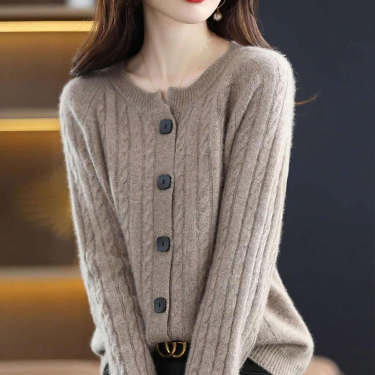 Women's Cable-Knit Button-Up Relaxed Fit Winter Cardigan