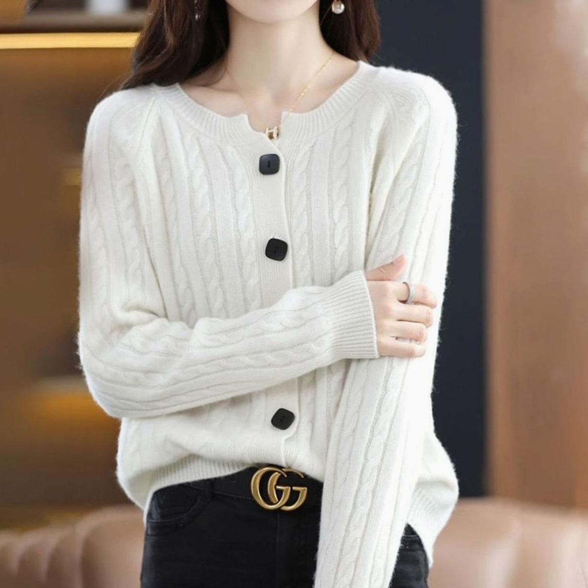 Women's Cable-Knit Button-Up Relaxed Fit Winter Cardigan