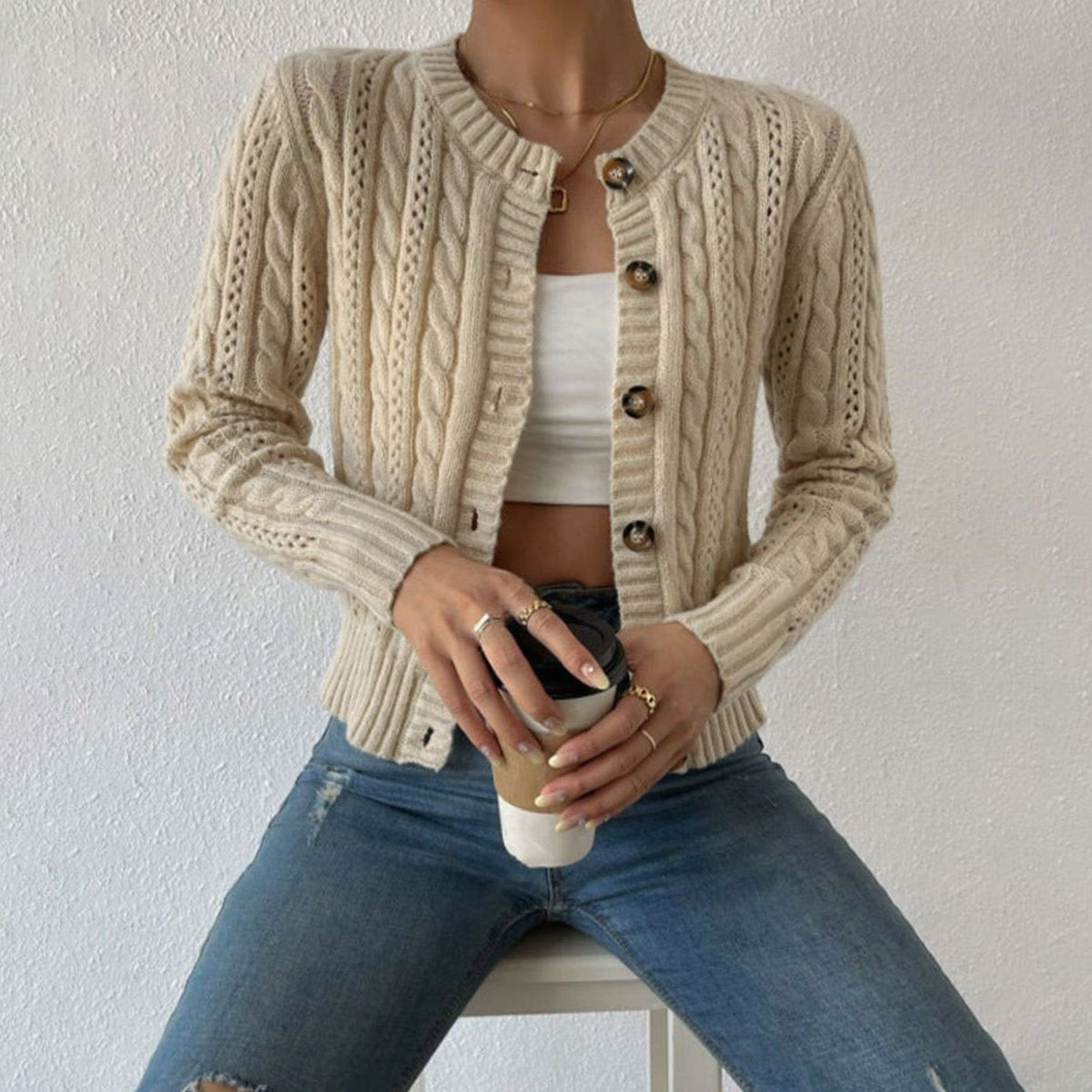 Women's Cable-Knit Long-Sleeve Button-Front Cardigan Sweater