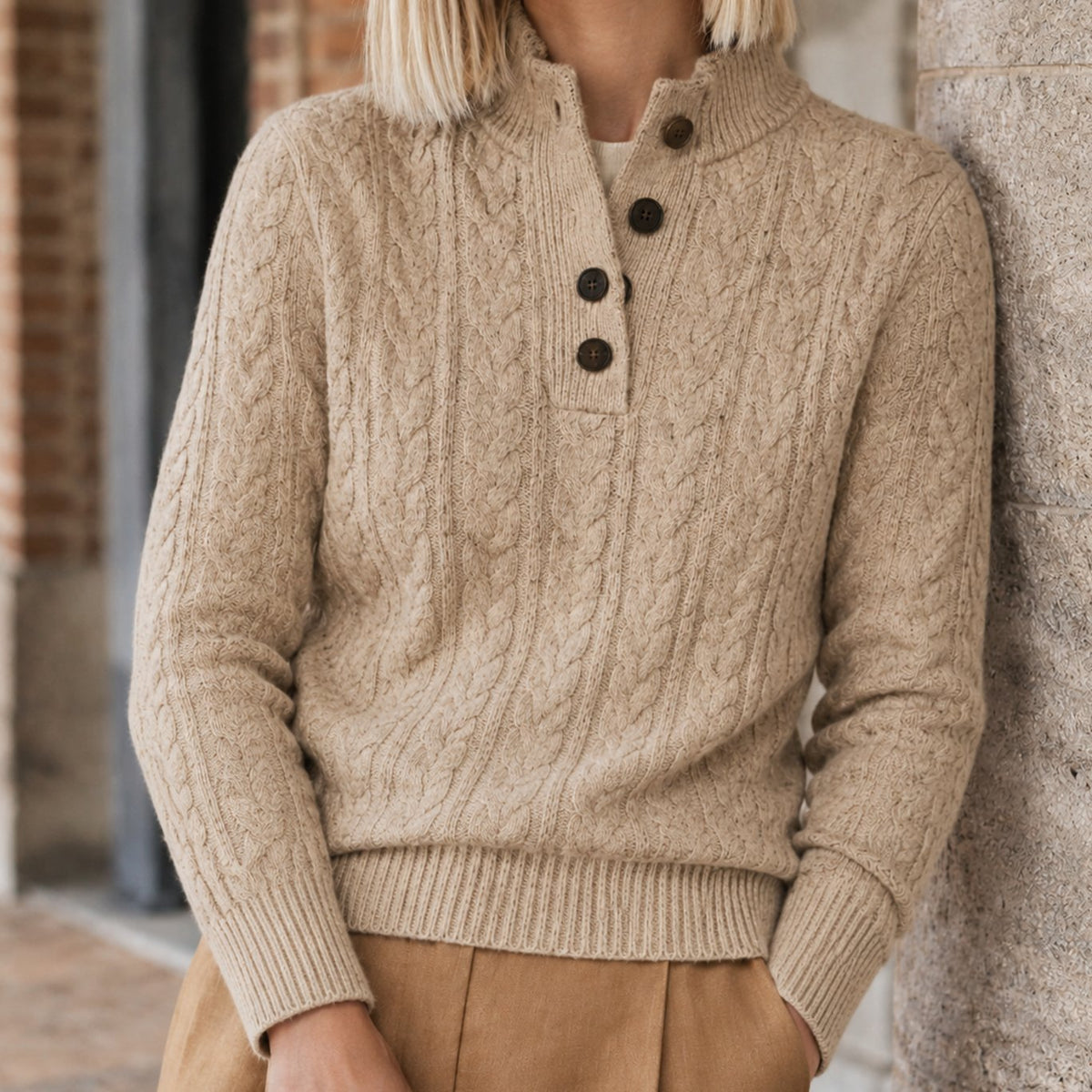 Women's Cashmere Blend Cable-Knit Buttoned Sweater