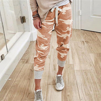 Women's Casual Camouflage Joggers with Drawstring and Ribbed Cuffs