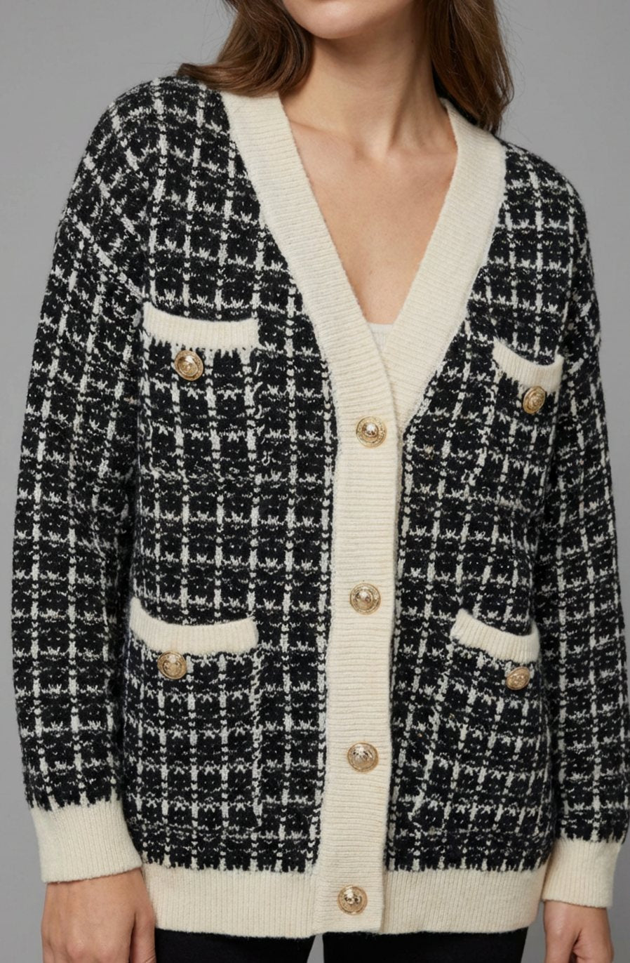 Women's Chunky Knit V-Neck Tweed Cardigan with Gold Buttons