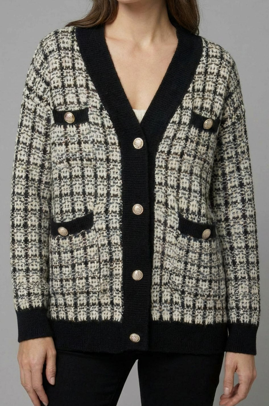 Women's Chunky Knit V-Neck Tweed Cardigan with Gold Buttons