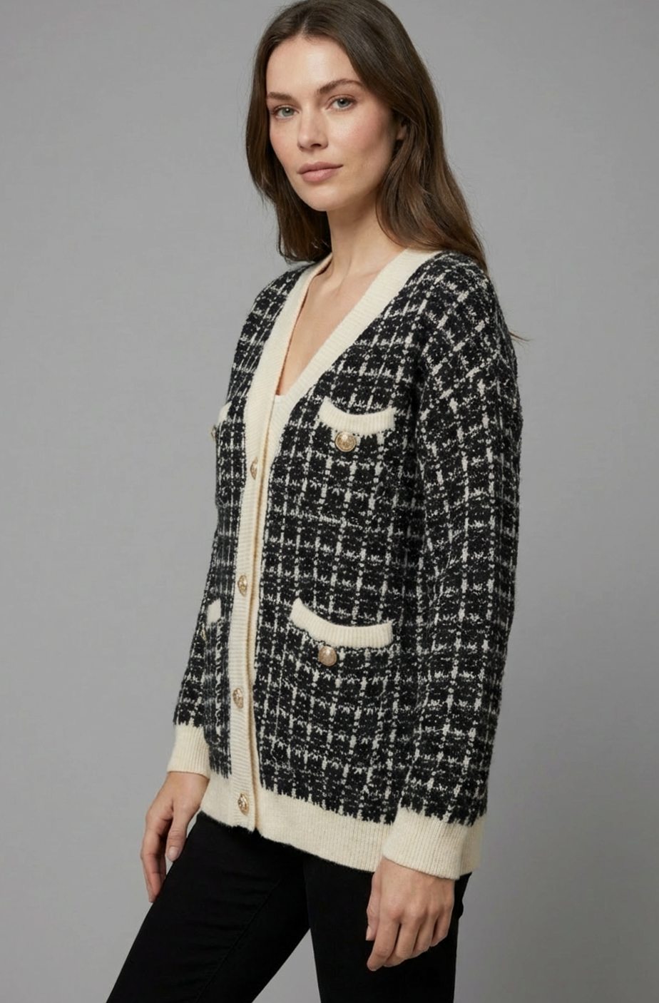 Women's Chunky Knit V-Neck Tweed Cardigan with Gold Buttons