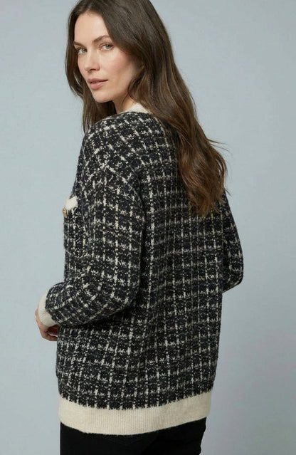 Women's Chunky Knit V-Neck Tweed Cardigan with Gold Buttons