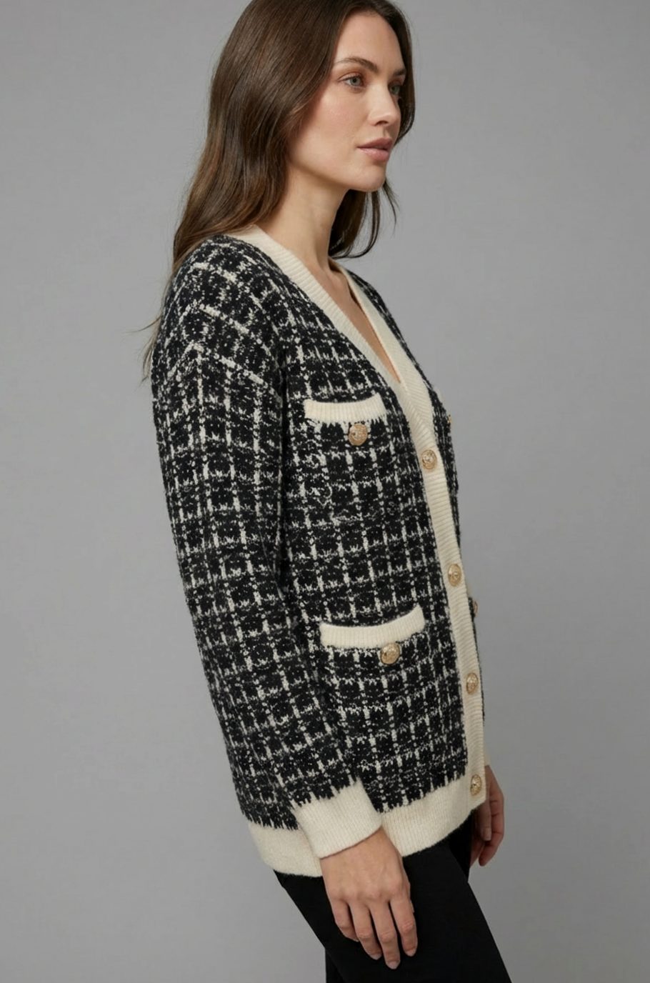 Women's Chunky Knit V-Neck Tweed Cardigan with Gold Buttons