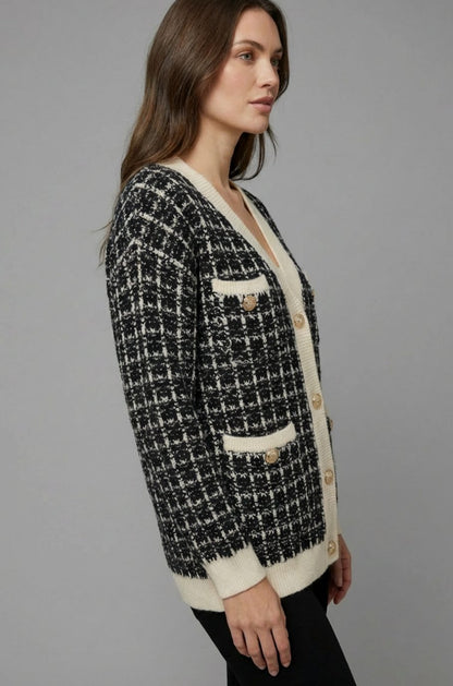 Women's Chunky Knit V-Neck Tweed Cardigan with Gold Buttons