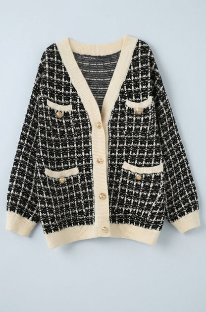 Women's Chunky Knit V-Neck Tweed Cardigan with Gold Buttons