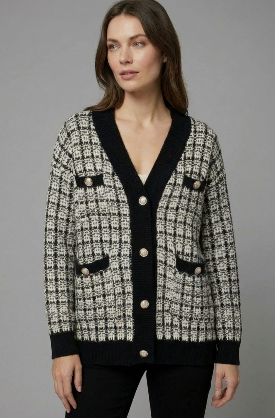 Women's Chunky Knit V-Neck Tweed Cardigan with Gold Buttons