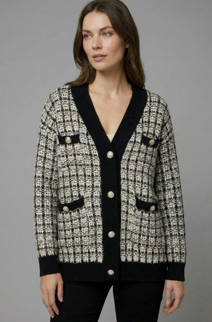 Women's Chunky Knit V-Neck Tweed Cardigan with Gold Buttons