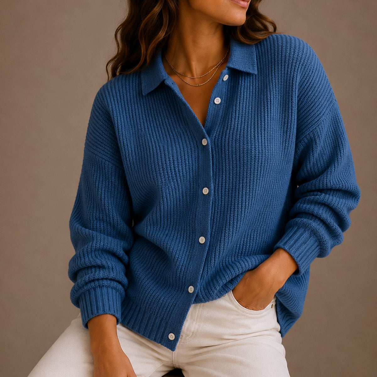 Women's Collared Button-Up Ribbed Knit Cardigan