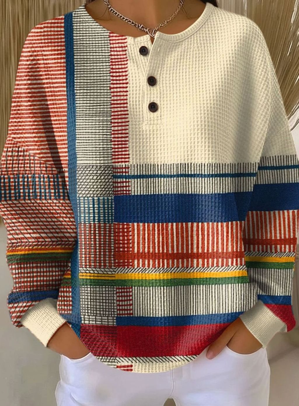 Women's Colorblock Waffle-Knit Henley Sweater