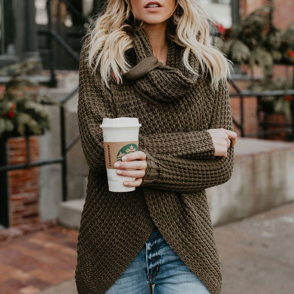 Women's Cowl-Neck Wrap-Front Chunky Knit Cardigan Sweater