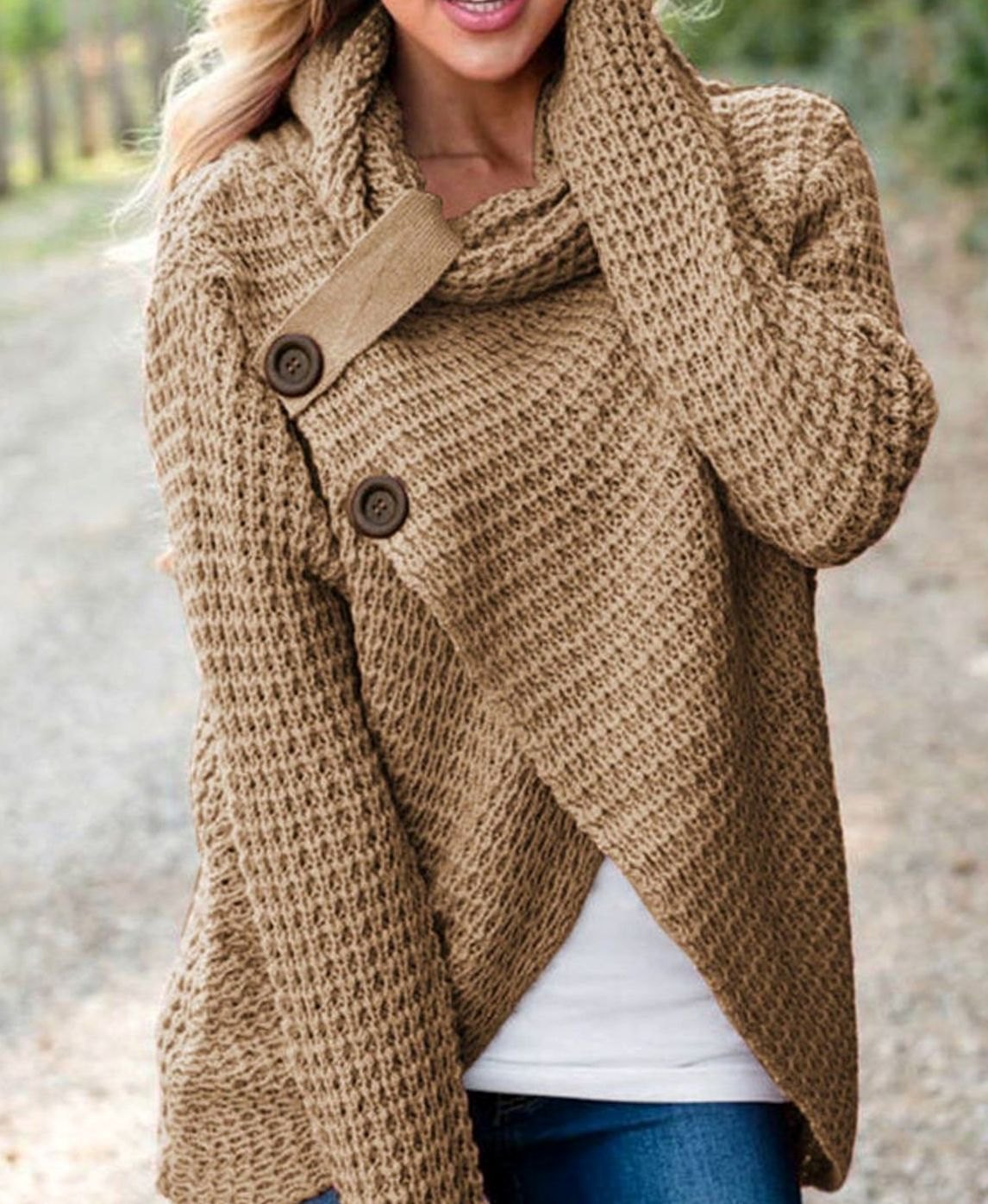 Women's Cowl-Neck Wrap-Front Chunky Knit Cardigan Sweater