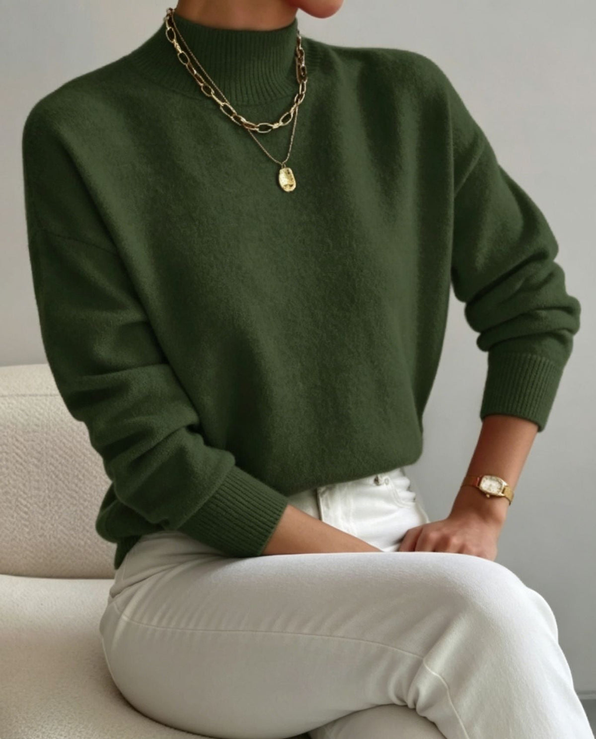Women's Cozy Fine-Knit Sweater with Stand-Up Collar and Drop Shoulders