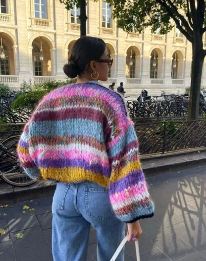 Women's Cropped Colorblock Knit Sweater - Fluffy Patchwork