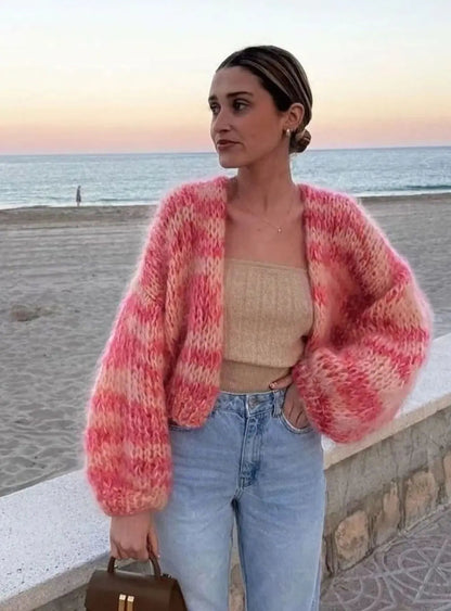 Women's Cropped Colorblock Knit Sweater - Fluffy Patchwork