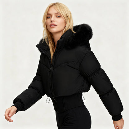 Women's Cropped Down Jacket with Detachable Hood and Faux Fur Trim