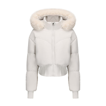 Women's Cropped Down Jacket with Detachable Hood and Faux Fur Trim