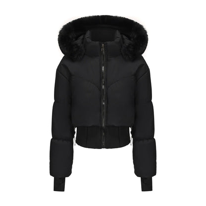 Women's Cropped Down Jacket with Detachable Hood and Faux Fur Trim