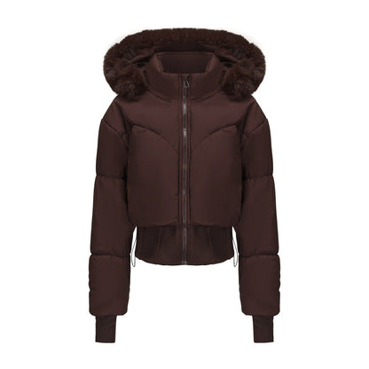 Women's Cropped Down Jacket with Detachable Hood and Faux Fur Trim