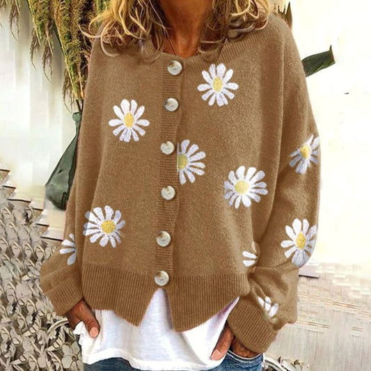 Women's Daisy Floral Button-Front Relaxed Knit Winter Cardigan
