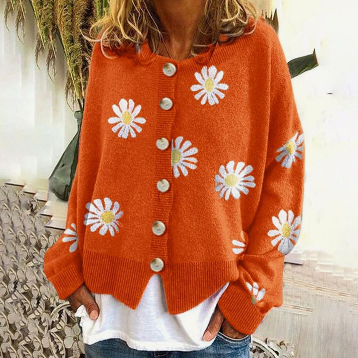 Women's Daisy Floral Button-Front Relaxed Knit Winter Cardigan