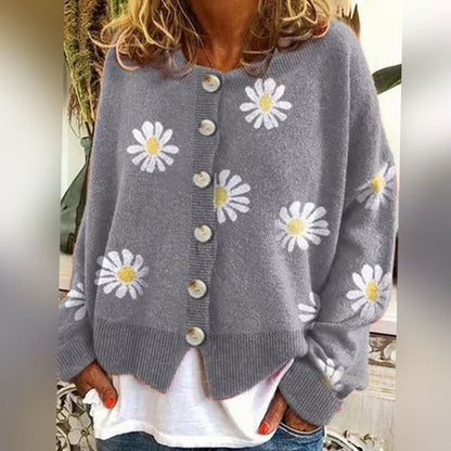 Women's Daisy Floral Button-Front Relaxed Knit Winter Cardigan