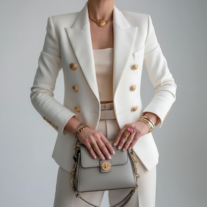 Women's Double-Breasted Blazer with Buttons - Elegant Long-Sleeve Suit Jacket
