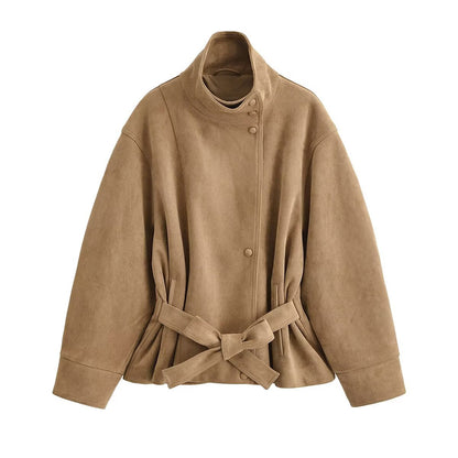 Women's Faux Suede Short Jacket with Stand Collar and Tie Belt