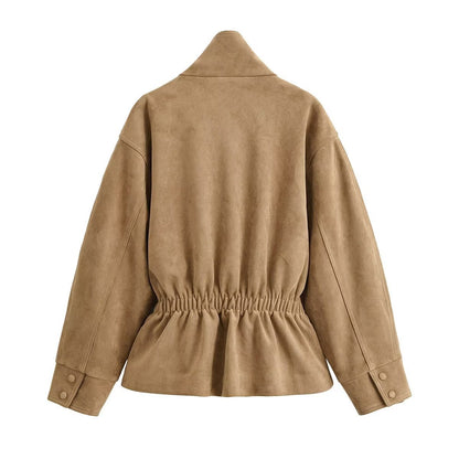 Women's Faux Suede Short Jacket with Stand Collar and Tie Belt