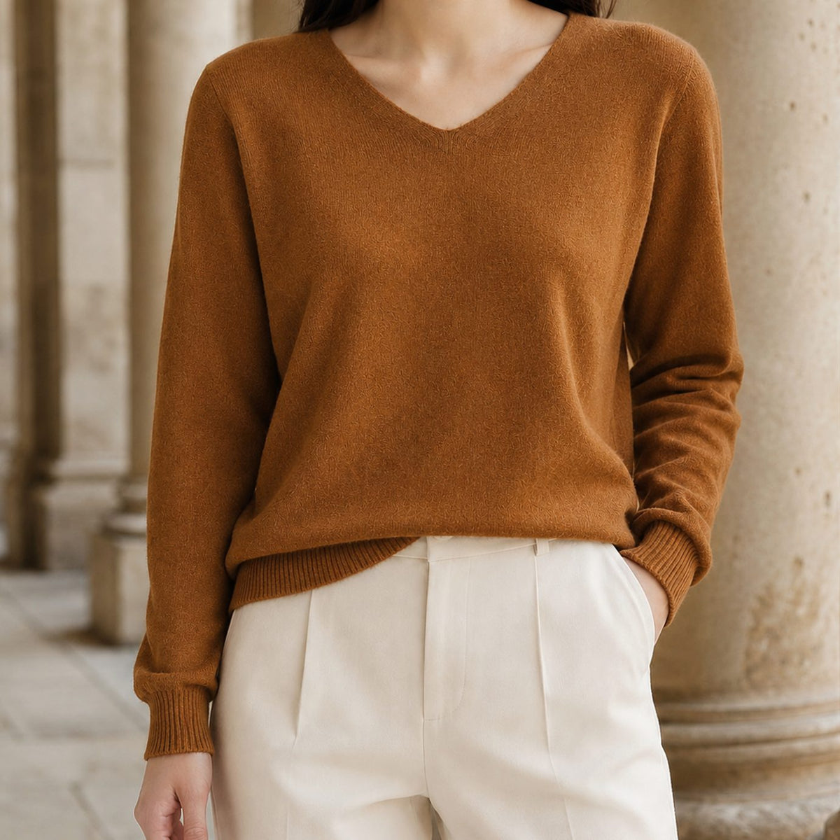 Women's Fine Wool V-Neck Relaxed Pullover Sweater