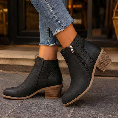 Women's Floral Cutout Side-Zip Block Heel Ankle Boots
