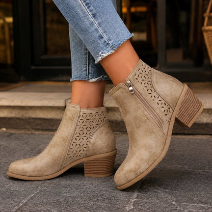 Women's Floral Cutout Side-Zip Block Heel Ankle Boots