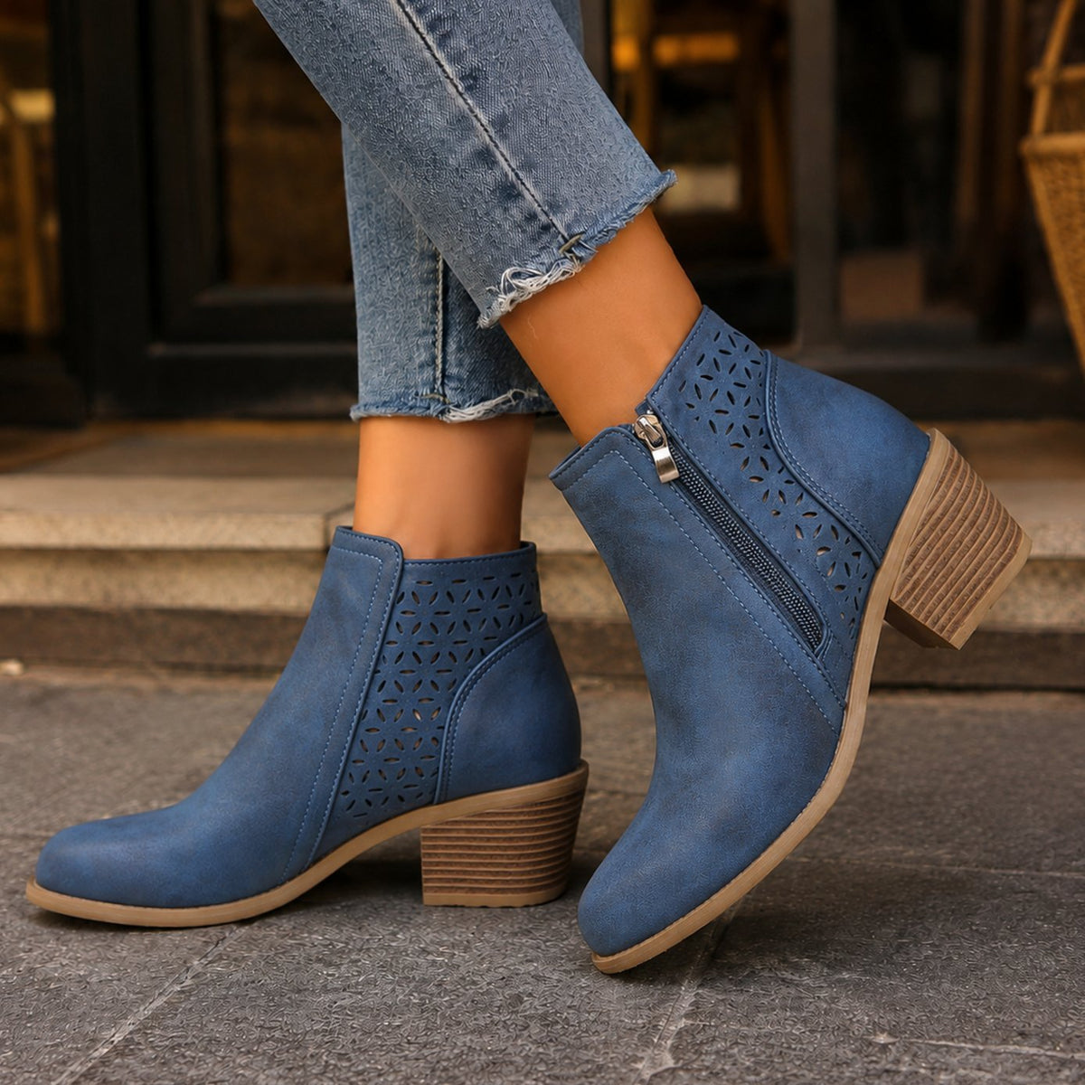Women's Floral Cutout Side-Zip Block Heel Ankle Boots