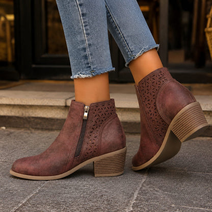Women's Floral Cutout Side-Zip Block Heel Ankle Boots