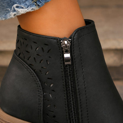 Women's Floral Cutout Side-Zip Block Heel Ankle Boots