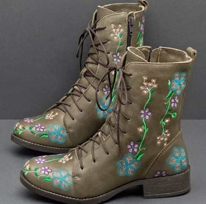Women's Floral Embroidered Combat Ankle Boots with Side Zipper and Cushioned Insole