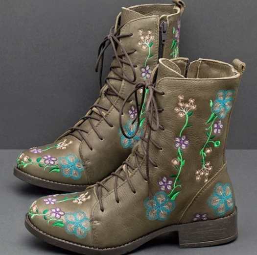 Women's Floral Embroidered Combat Ankle Boots with Side Zipper and Cushioned Insole