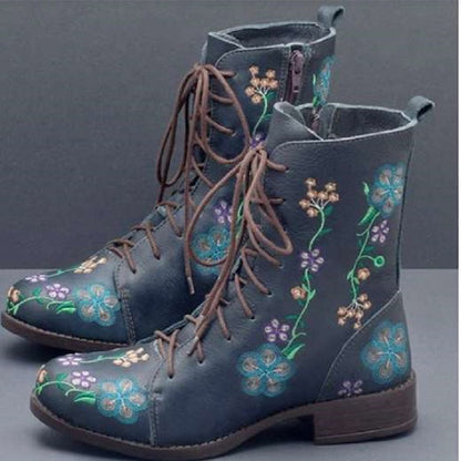 Women's Floral Embroidered Combat Ankle Boots with Side Zipper and Cushioned Insole