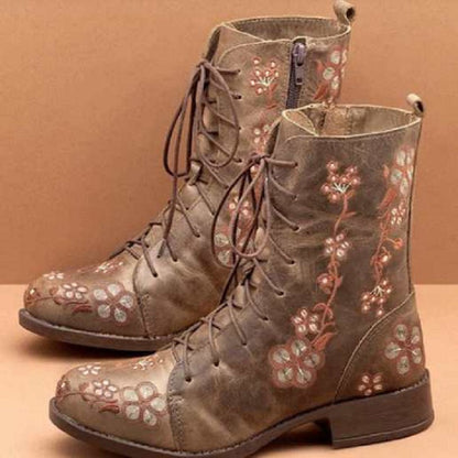 Women's Floral Embroidered Combat Ankle Boots with Side Zipper and Cushioned Insole