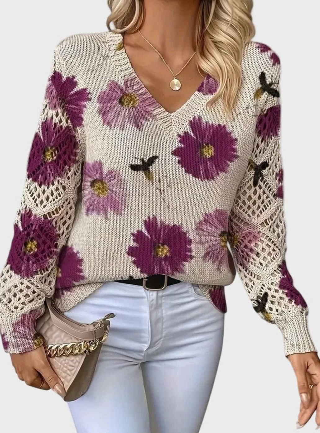 Women's Floral Knit V-Neck Pullover Sweater with Crochet Sleeves