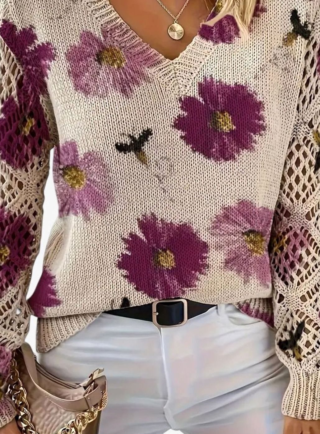 Women's Floral Knit V-Neck Pullover Sweater with Crochet Sleeves