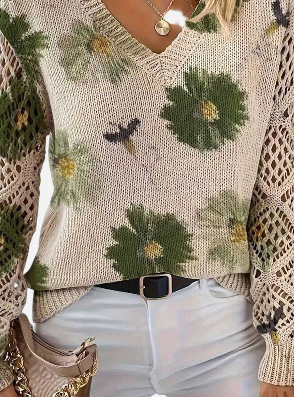 Women's Floral Knit V-Neck Pullover Sweater with Crochet Sleeves