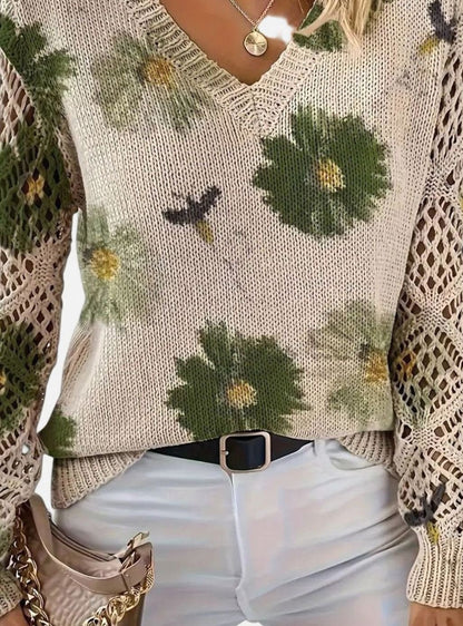 Women's Floral Knit V-Neck Pullover Sweater with Crochet Sleeves