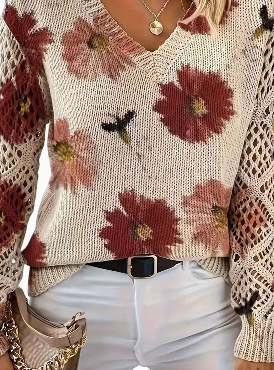 Women's Floral Knit V-Neck Pullover Sweater with Crochet Sleeves