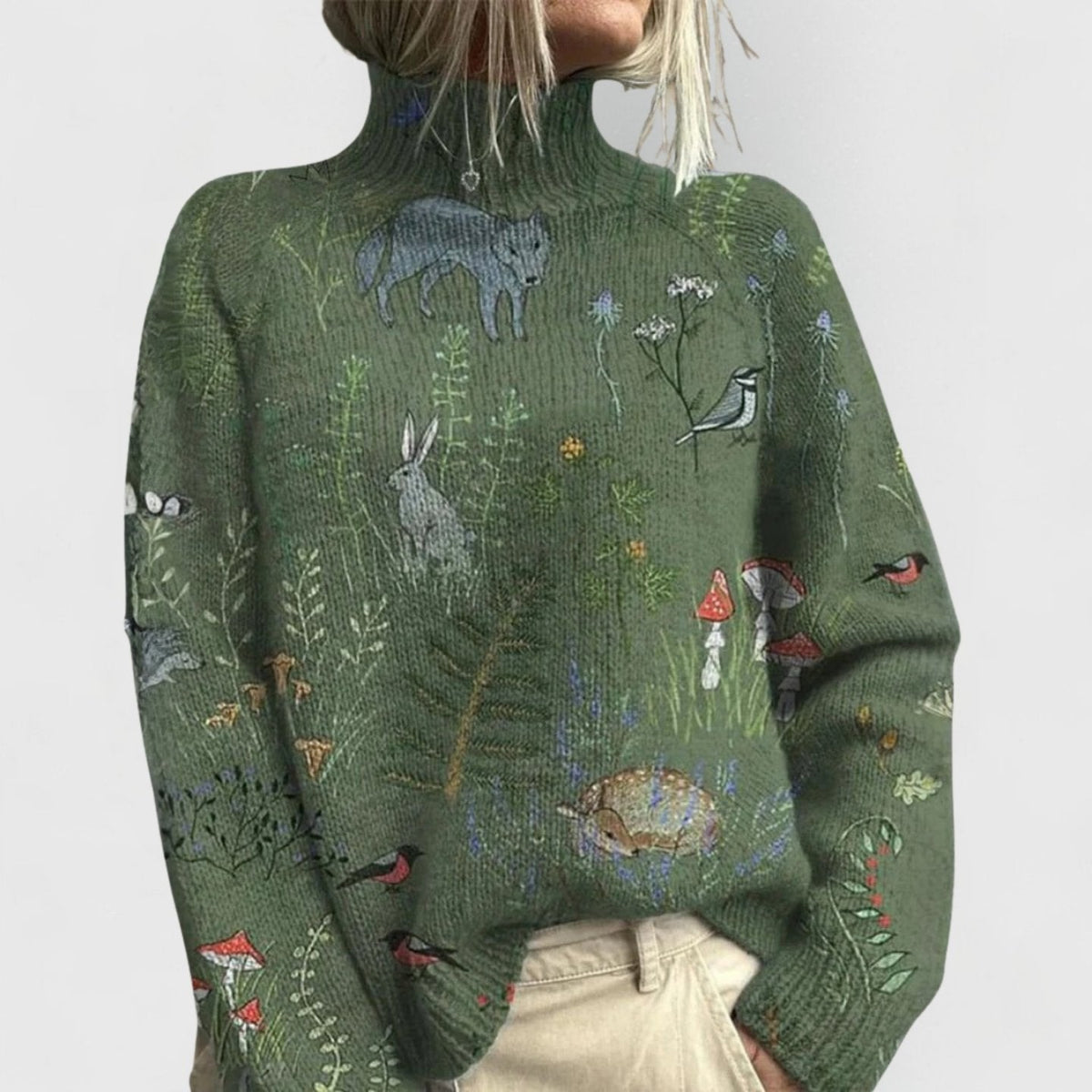 Women's Floral Turtleneck Relaxed-Fit Knit Sweater