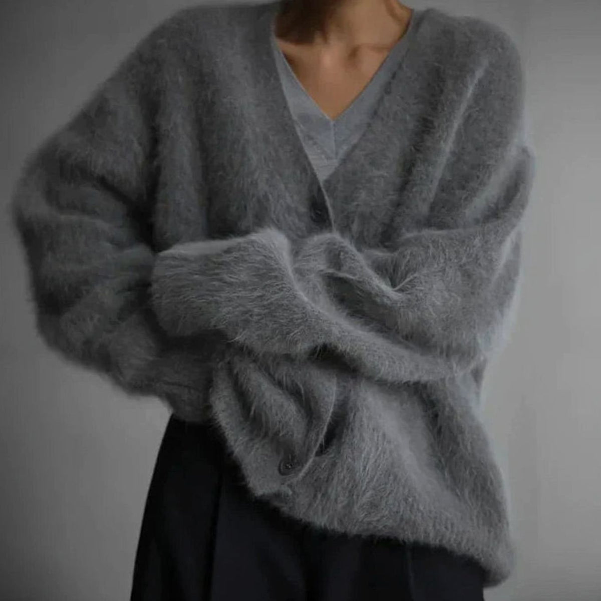 Women's Fluffy V-Neck Button-Front Oversized Cardigan Jumper